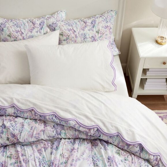 POTTERY BARN Teen LoveShackFancy Embroidered Scallop Sheet Set in Lavender NWT - Picture 1 of 5